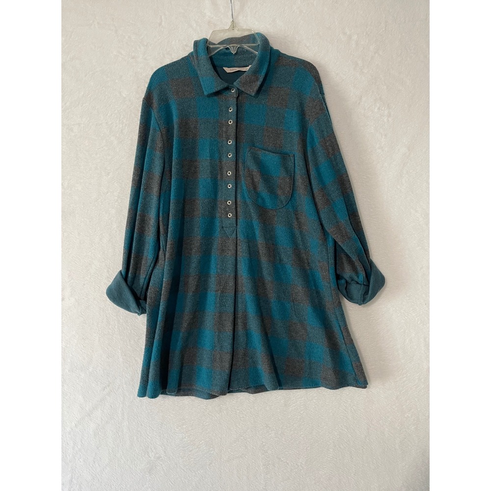 Soft Surroundings Womens Teal Grey Plaid Flannel Button Longline Tunic Top